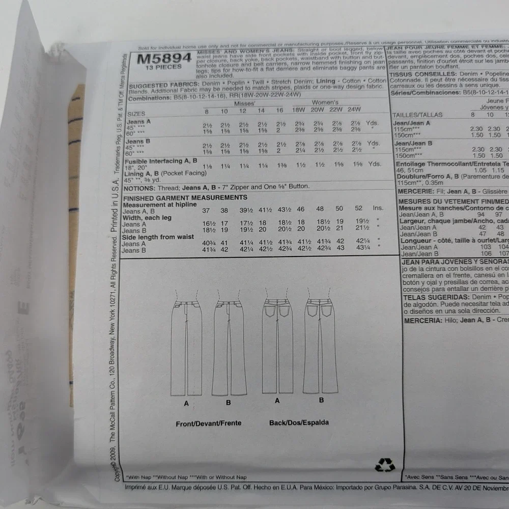 McCalls M5894 Palmer Pletsch The Perfect Jean‎ Sewing Pattern Size 18W-24W RR